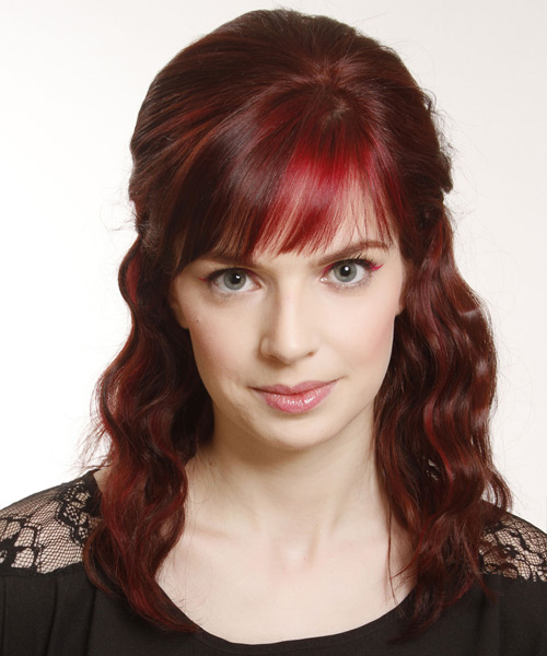Simple Half Up Half Down Dark Red Waves With Straight Bangs