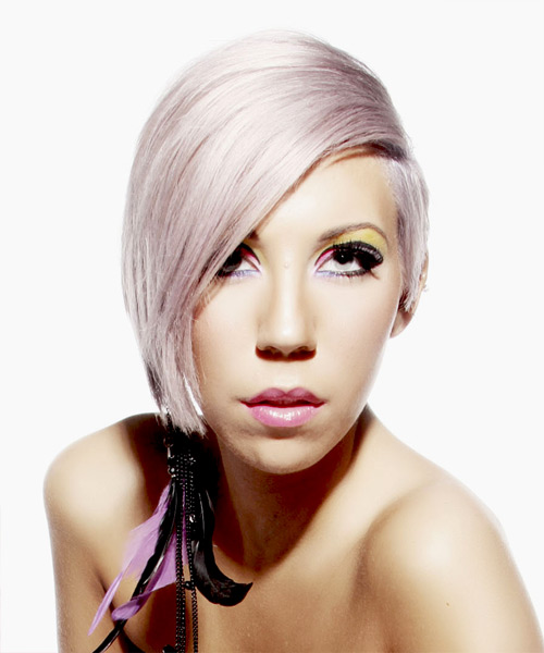Short Light Platinum Blonde Asymmetrical Haircut With Pink Highlights