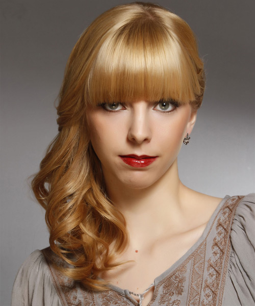 Half Up Half Down Golden Copper Hairdo With Heavy Blunt Bangs