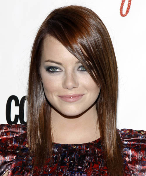Emma Stone Long Straight Mocha Hairstyle with Side Swept Bangs