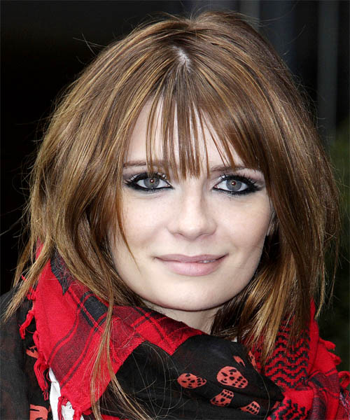 Mischa Barton Long Straight Hairstyle with Blunt Cut Bangs - Medium Chocolate Brunette Hair Color with Dark Blonde Highlights