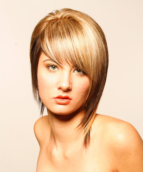 Sleek Asymmetrical Medium-Length Blonde Hairstyle With Soft Bangs