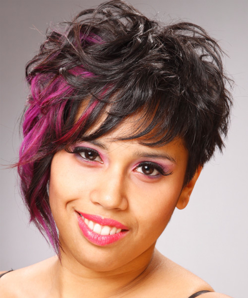 Short Black Asymmetrical Hairstyle With Waves And Pink Highlights