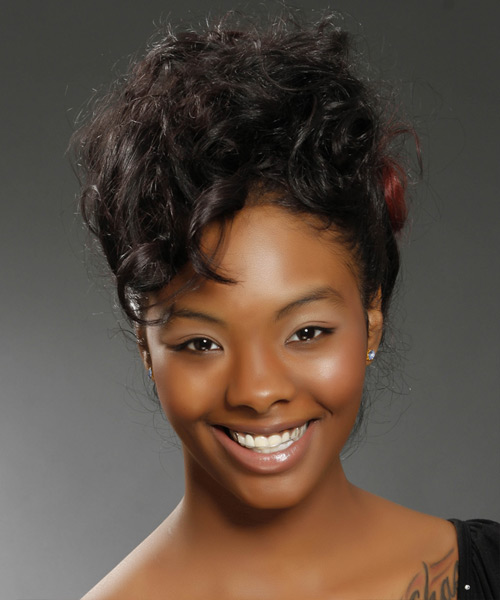 Curly Medium-Length Black Updo With Red Highlights