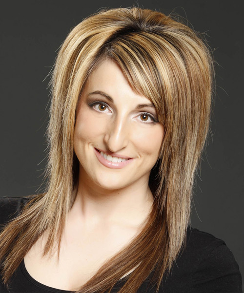 Long Light Golden Brunette Straight Hairstyle With Side Swept Bangs And Dark Blonde Highlights