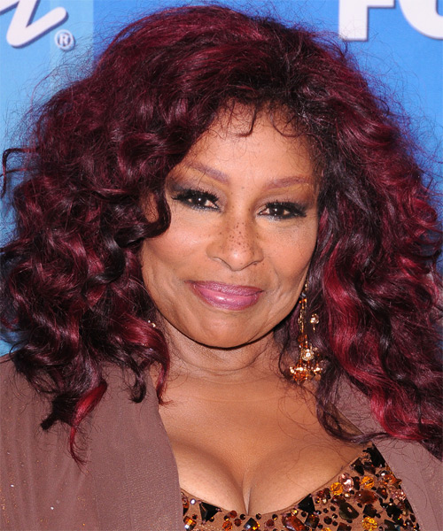 Chaka Khan Long Curly   Dark Plum Red Afro  Hairstyle   with Light Red Highlights