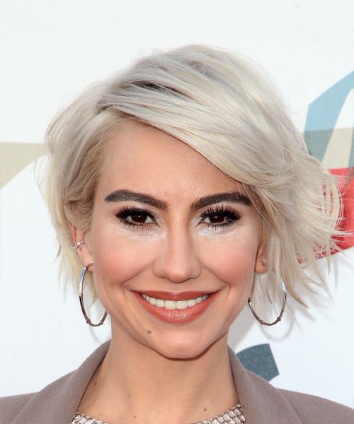 Chelsea Kane Short Wavy Icy White Blonde Bob Hairstyle with Side Swept Bangs - Hair Color suitable for Cool Skin Tones