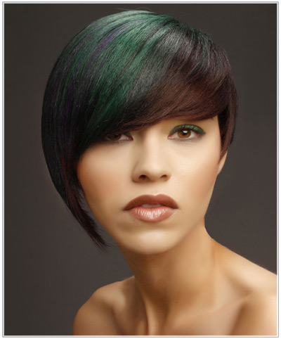 Click here to try on this hairstyle Model with a multi-colored asymmetric hairstyle