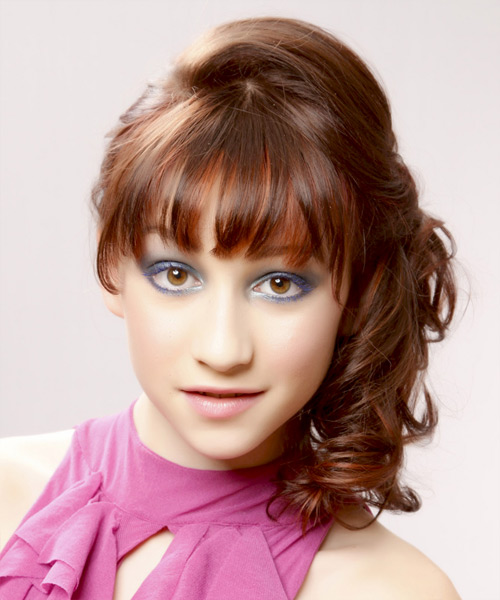 Long Curly   Chestnut  Half Up Half Down Hairstyle with Blunt Cut Bangs