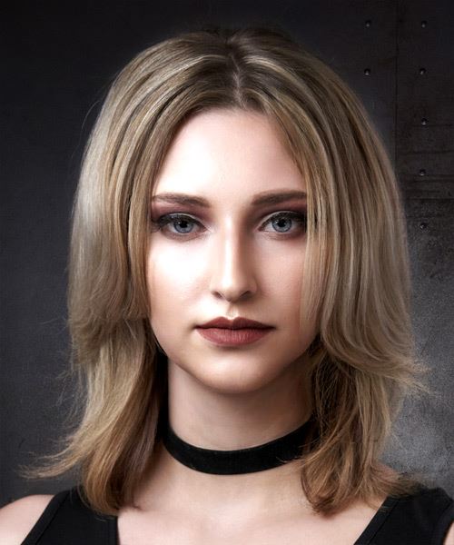 Light Brown Medium Hairdo With Side Bangs And Blonde Highlights