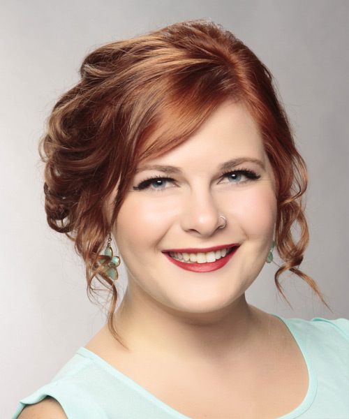 Curly Red Updo With Light Highlights And Bangs