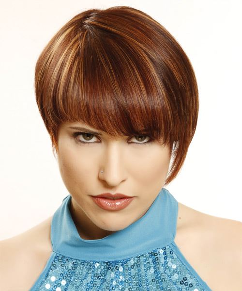 Short Asymmetrical Mahogany Red Haircut With Blonde Highlights