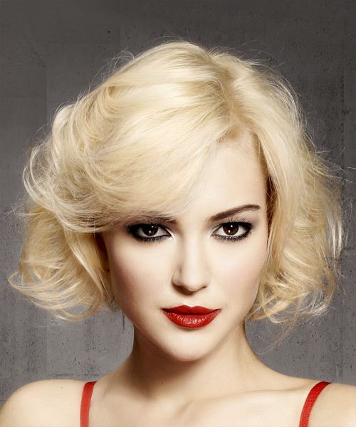 Short Bouncy Bob Haircut With Corkscrew Curls And Side Swept Bangs