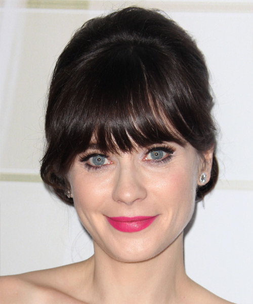 Zooey Deschanel Long Straight Dark chocolate brown Updo with Blunt Cut Bangs - Hair Color suitable for Cool Skin Tones
